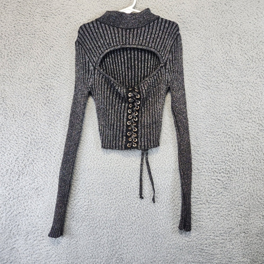 HERA‎ COLLECTION Metallic Ribbed Mock Neck Cutout Lace Up Crop Sweater Womens M